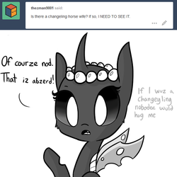 Size: 720x720 | Tagged: safe, artist:tjpones, oc, oc only, oc:pistachio, changeling, horse wife, ask, blatant lies, bust, changeling oc, dialogue, disguise, disguised changeling, engrish, female, grayscale, monochrome, raised hoof, simple background, solo, tumblr, white background, white changeling