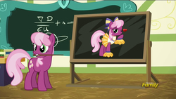 Size: 1280x720 | Tagged: safe, artist:vector-brony, edit, edited screencap, screencap, cheerilee, 28 pranks later, g4, the cart before the ponies, blowing a kiss, cheerilee's chalkboard, cheerileeder, cheerleader, clothes, discovery family logo, heart, mouth hold, one eye closed, pointer, wink