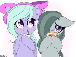 Size: 2300x1717 | Tagged: safe, artist:freefraq, flitter, marble pie, pony, g4, :t, blushing, cute, duo, flitterbetes, floppy ears, freefraq is trying to murder us, hoof hold, juice, juice box, marblebetes, shy, simple background, smiling, white background