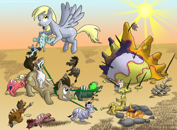 Size: 1920x1413 | Tagged: safe, artist:gegenschein17, derpy hooves, doctor whooves, time turner, hyracotherium, pegasus, pony, g4, altar, bone, cavemare, doctor who, female, mare, prehistoric, skeleton, the doctor, time travel