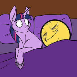 Size: 600x600 | Tagged: safe, artist:foxenawolf, edit, twilight sparkle, g4, bed, cheek fluff, ear fluff, funny, meme, pekaface, shocked, sleeping, unshorn fetlocks, wat