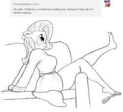 Size: 2000x1824 | Tagged: safe, artist:fetishsketches, fluttershy, anthro, plantigrade anthro, g4, barefoot, bathrobe, clothes, couch, feet, female, flip-flops, monochrome, mudflap, robe, sandals, sketch, solo, toes