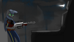 Size: 1920x1080 | Tagged: safe, artist:eclipsepenumbra, oc, oc only, oc:eclipse penumbra, bat pony, anthro, fallout equestria, 20mm rifle, clothes, cloud, green eyes, gun, jumpsuit, moon, night, rifle, solo, vault suit, weapon
