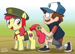Size: 1000x723 | Tagged: safe, artist:uotapo, apple bloom, 28 pranks later, g4, season 6, adorabloom, crossover, cute, cutie mark, dipper pines, disney, female, filly, filly guides, foal, gravity falls, male, the cmc's cutie marks