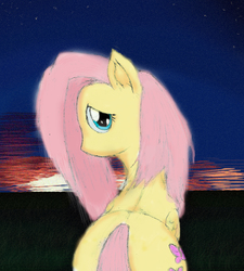 Size: 1078x1199 | Tagged: safe, artist:zzzyyxas, fluttershy, g4, female, looking back, solo, sunrise