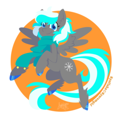 Size: 950x950 | Tagged: safe, artist:raygirl, oc, oc only, oc:kyuflake, pegasus, pony, clothes, colored hooves, cutie mark, female, hoof fluff, hooves, lineless, mare, scarf, smiling, solo, spread wings, wings