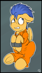 Size: 1122x1920 | Tagged: safe, artist:chilledsteel, flash sentry, g4, abstract background, bags under eyes, bound, clothes, cuffs, male, nervous, prison outfit, prisoner, shirt, sitting, solo, underhoof, undershirt