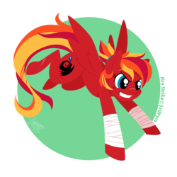Size: 950x950 | Tagged: safe, artist:raygirl, oc, oc only, oc:fire strike, pegasus, pony, bandage, cutie mark, female, grin, hooves, lineless, mare, smiling, solo, spread wings, wings
