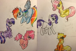 Size: 2708x1825 | Tagged: safe, artist:snowfoxythefox, applejack, fluttershy, pinkie pie, rainbow dash, rarity, twilight sparkle, alicorn, pony, g4, chest fluff, colored, colored pencil drawing, colored sketch, cute, dashabetes, episode idea, fail, filly, filly applejack, filly fluttershy, filly pinkie pie, filly rainbow dash, filly rarity, filly twilight sparkle, flying, happy, jumping, looking up, lying down, mane six, pencil, pencil drawing, shyabetes, simple background, sitting, sketch, sketch dump, smiling, traditional art, twiabetes, twilight sparkle (alicorn), young, younger