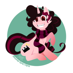 Size: 950x950 | Tagged: safe, artist:raygirl, oc, oc only, oc:dolly montage, pony, unicorn, clothes, cutie mark, female, hooves, horn, lineless, mare, scarf, sitting, solo, teeth