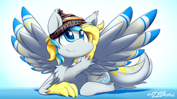 Size: 1920x1080 | Tagged: safe, artist:dshou, oc, oc only, oc:cirrus sky, hippogriff, original species, beanie, cutie mark, hat, male, playing with hair, smiling, solo, talons