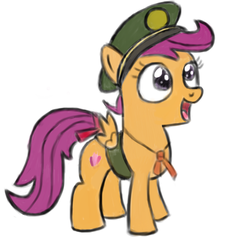 Size: 625x593 | Tagged: safe, artist:itsthinking, scootaloo, pegasus, pony, 28 pranks later, g4, bow, clothes, cute, cutealoo, female, filly, filly guides, foal, happy, hat, looking up, open mouth, simple background, solo, spread wings, tail, tail bow, white background, wings