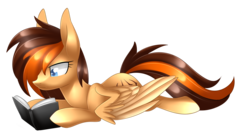 Size: 2852x1551 | Tagged: safe, artist:scarlet-spectrum, oc, oc only, oc:aerion featherquill, pegasus, pony, book, commission, female, mare, prone, reading, simple background, solo, transparent background