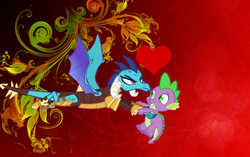Size: 1731x1085 | Tagged: safe, princess ember, spike, dragon, g4, gauntlet of fire, armor, colored, dragon armor, female, heart, male, ship:emberspike, shipping, straight