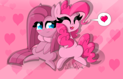 Size: 1360x877 | Tagged: safe, artist:whitelie, pinkie pie, g4, duality, female, heart, hug, pictogram, pinkamena diane pie, self ponidox