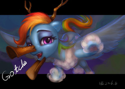 Size: 1200x848 | Tagged: safe, artist:doll88, rainbow dash, 28 pranks later, g4, cloud, female, floppy ears, flying, gotcha, lidded eyes, looking at you, open mouth, scene interpretation, solo, spread wings