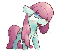 Size: 575x500 | Tagged: safe, artist:nobody, bubblegum brush, pony, g4, chest fluff, cute, female, filly, no pupils, simple background, smiling, solo, white background