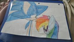 Size: 1328x747 | Tagged: safe, artist:flowerswirlpower1182, rainbow dash, g4, crossover, male, sonic the hedgehog, sonic the hedgehog (series), traditional art