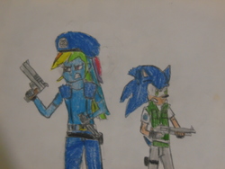 Size: 1024x768 | Tagged: safe, artist:brandonale, rainbow dash, equestria girls, g4, chris redfield, clothes, cosplay, costume, crossover, jill valentine, male, resident evil, sonic the hedgehog, sonic the hedgehog (series), traditional art