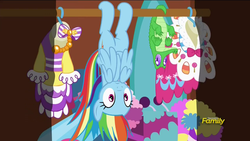 Size: 1280x720 | Tagged: safe, screencap, gummy, rainbow dash, pegasus, pony, 28 pranks later, g4, behaving like a bat, closet, clothes, covering, cute, dashabetes, discovery family logo, dress, female, frown, gala dress, mare, upside down, wat, wide eyes, wing hands