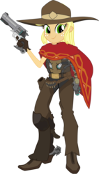 Size: 1488x2619 | Tagged: safe, artist:sonofaskywalker, applejack, equestria girls, g4, clothes, crossover, female, gun, hat, jesse mccree, mccreejack, overwatch, smiling, solo, weapon