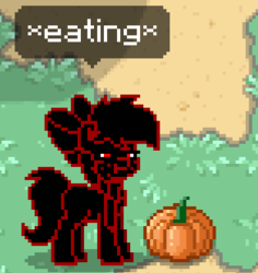 Size: 313x332 | Tagged: safe, oc, oc only, oc:caki, pony, pony town, dialogue, eating, food, herbivore, horses doing horse things, pumpkin, solo