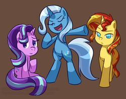 Size: 1280x1002 | Tagged: safe, artist:extrasweetcoffee, starlight glimmer, sunset shimmer, trixie, pony, unicorn, g4, eyes closed, magical trio, simple background, twilight's counterparts