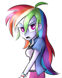 Size: 587x737 | Tagged: dead source, safe, artist:wubcakeva, rainbow dash, equestria girls, g4, breasts, clothes, compression shorts, female, looking at you, open mouth, simple background, skirt, solo, white background, wristband