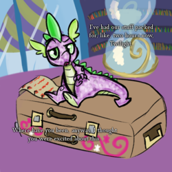 Size: 600x600 | Tagged: safe, artist:sallindaemon, spike, dragon, g4, list, luggage, male, propheverse, solo