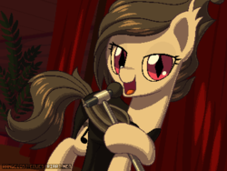 Size: 800x600 | Tagged: safe, artist:rangelost, oc, oc only, oc:dead beat, bat pony, pony, bat pony oc, bedroom eyes, clothes, curtains, dress, looking at you, microphone, pixel art, plant, singing, solo, stage