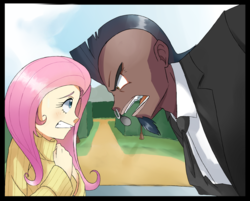 Size: 1168x938 | Tagged: safe, artist:sallymon, fluttershy, iron will, human, g4, putting your hoof down, black hair, clothes, cyan eyes, dark skin, digital art, gritted teeth, human coloration, humanized, light skin, necktie, nose piercing, nose ring, open mouth, piercing, pink hair, scene interpretation, septum piercing, suit, sweater, sweatershy, teeth, turtleneck, yellow eyes, yellow sweater