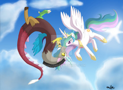 Size: 900x663 | Tagged: safe, artist:emilou1985, discord, princess celestia, g4, female, flying, male, ship:dislestia, shipping, straight, watermark