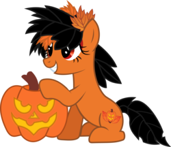Size: 1999x1731 | Tagged: safe, artist:lightningbolt, derpibooru exclusive, oc, oc only, oc:trick-or-treat, earth pony, pony, g4, autumn, female, food, hair over one eye, halloween, holiday, jack-o-lantern, leaves, mare, pumpkin, show accurate, simple background, solo, transparent background, vector