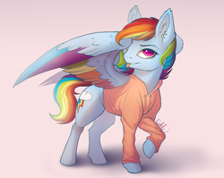 Size: 2000x1589 | Tagged: safe, artist:evehly, rainbow dash, pegasus, pony, g4, :p, clothes, colored wings, colored wingtips, ear piercing, earring, female, hoodie, jewelry, looking at you, mare, multicolored wings, piercing, rainbow wings, raised hoof, solo, tongue out, tongue piercing