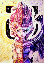 Size: 779x1128 | Tagged: safe, artist:juliafluffy, sci-twi, sunset shimmer, twilight sparkle, equestria girls, g4, clothes, daydream shimmer, midnight sparkle, split screen, traditional art