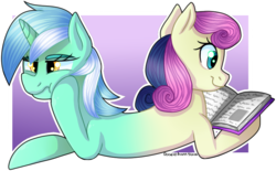 Size: 824x510 | Tagged: dead source, safe, artist:xxdoodle-bunnyxx, bon bon, lyra heartstrings, sweetie drops, earth pony, pony, unicorn, g4, book, bored, fusion, lyra is not amused, lyrabon (fusion), pushmi-pullyu