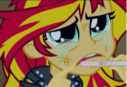 Size: 1000x689 | Tagged: safe, edit, edited screencap, screencap, sunset shimmer, equestria girls, g4, crying, duckery in the description, meme, pregnancy test, pregnancy test meme, sunsad shimmer
