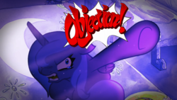 Size: 854x480 | Tagged: safe, artist:warpout, princess luna, lullaby for a princess, g4, ace attorney, angry, crying, fangs, female, objection, pointing, s1 luna, solo, speech bubble, underhoof