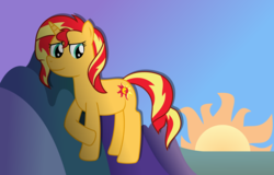 Size: 4406x2816 | Tagged: safe, artist:sketchmcreations, sunset shimmer, pony, unicorn, g4, female, inkscape, looking at you, looking back, mare, newbie artist training grounds, raised hoof, smiling, solo, sun, sunset, sunshine shimmer, vector
