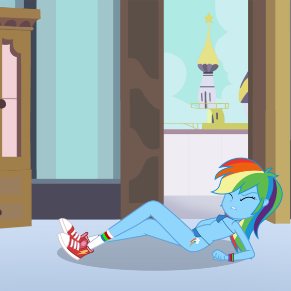 1225805 - suggestive, artist:luckreza8, edit, rainbow dash, equestria  girls, legend of everfree, absurd resolution, blue underwear, bra, breasts,  canterlot, clothes, eyes closed, female, ouch, panties, solo, solo female,  underwear - Derpibooru