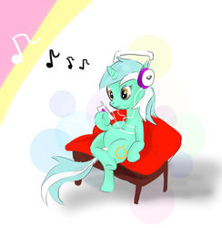 Size: 1179x1206 | Tagged: safe, artist:redowo, lyra heartstrings, pony, unicorn, g4, abstract background, cute, female, headphones, lyrabetes, mp3 player, music, music notes, sitting, smiling, solo