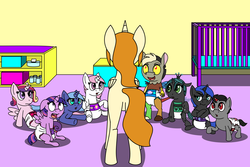 Size: 3000x2000 | Tagged: safe, artist:neoryan2, discord, king sombra, nightmare moon, princess cadance, princess celestia, princess luna, queen chrysalis, twilight sparkle, oc, oc:hebe, alicorn, pony, g4, age regression, alicorn oc, butt, crib, diaper, foal, high res, nursery, plot, story in the source, twilight sparkle (alicorn)