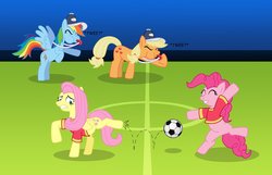 Size: 1114x717 | Tagged: safe, artist:gameboysage, applejack, fluttershy, pinkie pie, rainbow dash, buckball season, g4, bipedal, blowing, coach, coach applejack, coach rainbow dash, football, puffy cheeks, rainblow dash, rainbow dashs coaching whistle, that was fast, training, whistle, whistle necklace