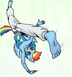 Size: 1044x1125 | Tagged: safe, artist:eulicious, rainbow dash, anthro, plantigrade anthro, g4, barefoot, belly button, capoeira, clothes, feet, female, fetish, foot fetish, foot focus, martial arts, midriff, pants, simple background, solo, tube top