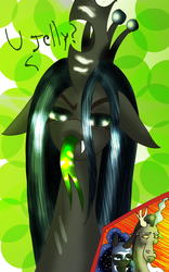 Size: 2194x3508 | Tagged: safe, artist:alcasar-reich, discord, nightmare moon, queen chrysalis, g4, :p, bedroom eyes, floppy ears, frown, glare, high res, lidded eyes, long tongue, smiling, teasing, tongue out, unamused