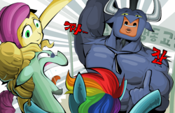 Size: 1620x1050 | Tagged: safe, fluttershy, iron will, rainbow dash, zephyr breeze, g4, korean, scared, screaming