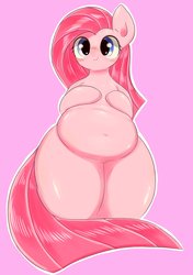 Size: 1445x2048 | Tagged: safe, artist:91o42, pinkie pie, pony, semi-anthro, g4, belly, belly button, bipedal, blushing, chubby, cute, cuteamena, fat, female, pinkamena diane pie, simple background, solo