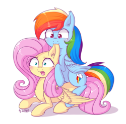 Size: 1749x1728 | Tagged: safe, artist:dsp2003, fluttershy, rainbow dash, pegasus, pony, g4, :3, blushing, cute, dashabetes, ear bite, female, fluffy, heart, heart eyes, hug, lesbian, mare, nom, on top, open mouth, prone, ship:flutterdash, shipping, shyabetes, simple background, sitting, surprised, transparent background, wide eyes, wingding eyes
