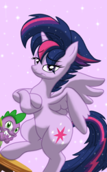Size: 1200x1920 | Tagged: safe, artist:theroyalprincesses, spike, twilight sparkle, alicorn, pony, g4, alternate hairstyle, balancing, crossed hooves, duo, punklight sparkle, sparkling, stool, twilight sparkle (alicorn)