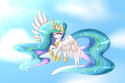 Size: 3000x2000 | Tagged: safe, artist:darkbloodweapon, princess celestia, g4, cloud, female, flying, high res, one eye closed, solo, wink